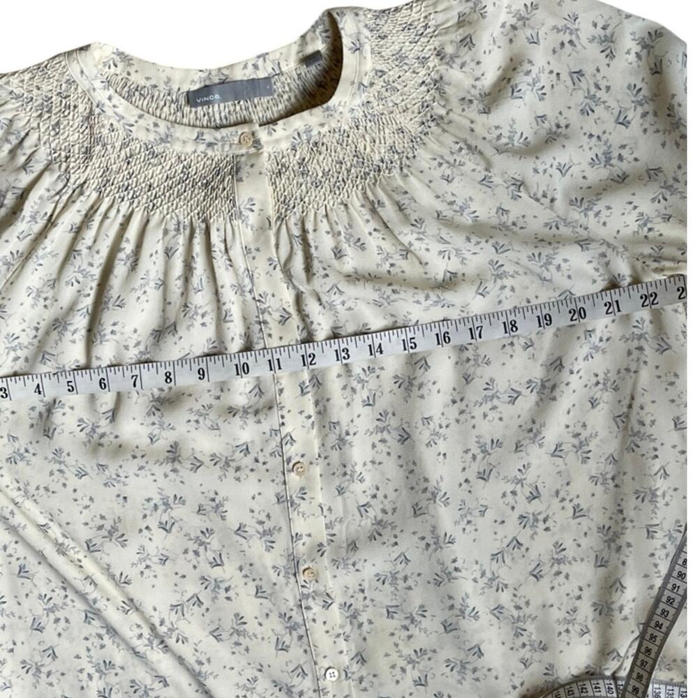 Vince Silk Buttercream & Gray Floral Long-Sleeve Blouse Top M 6 8 Pintucking - Picture 12 of 16